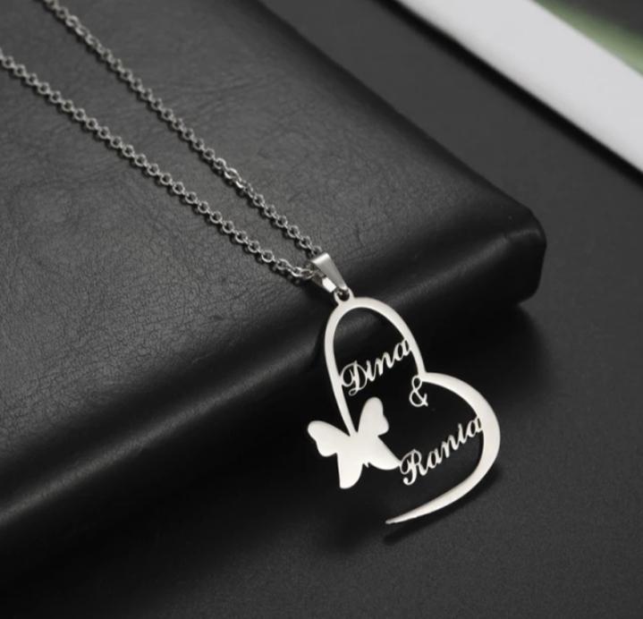 Heart with butterfly Personalized Couple Name Necklace